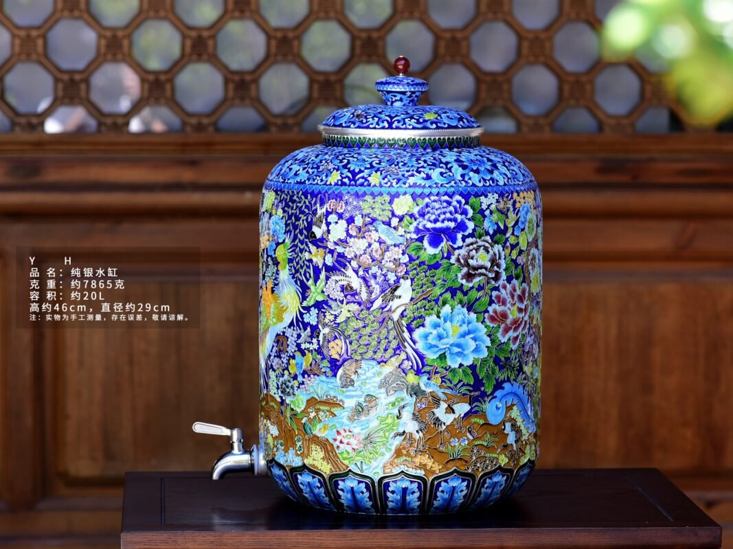 Bird and Flower Cloisonne Silver Water Vessel - view 1