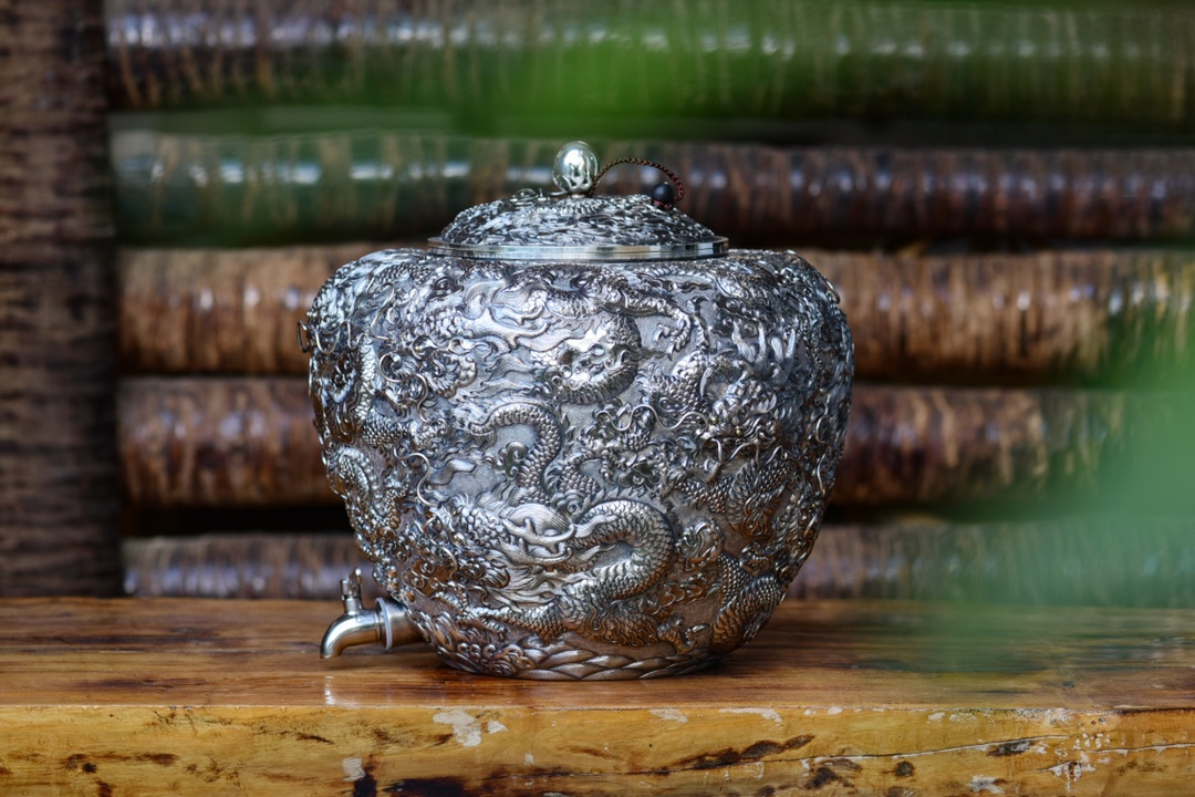 Sculpted Dragon and Pearl Silver Water Vessel - view 1