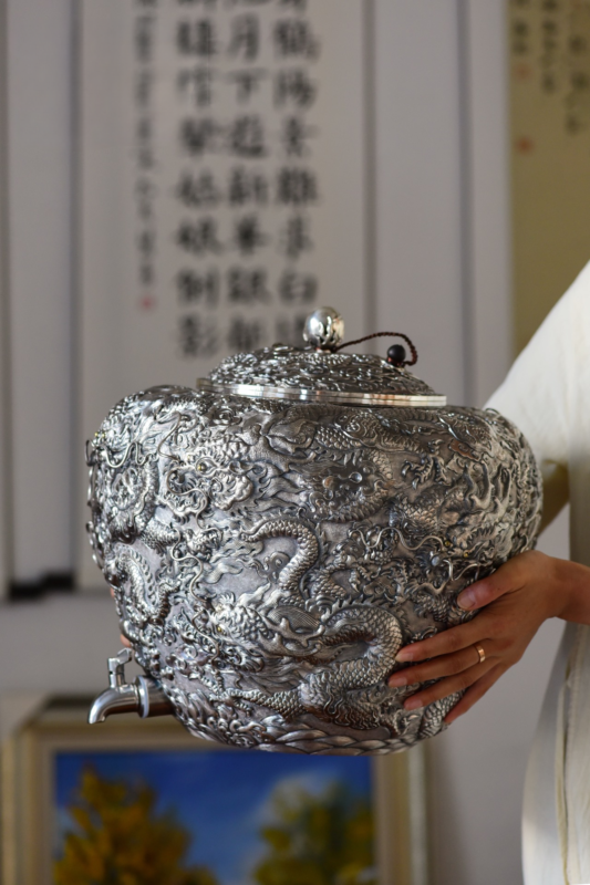 Sculpted Dragon and Pearl Silver Water Vessel - view 2