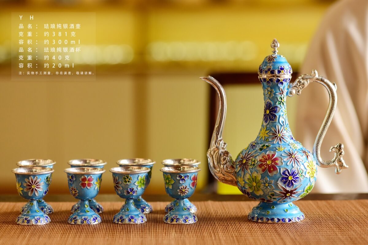 Floral Cloisonne Silver Pitcher and Cups - original view 1