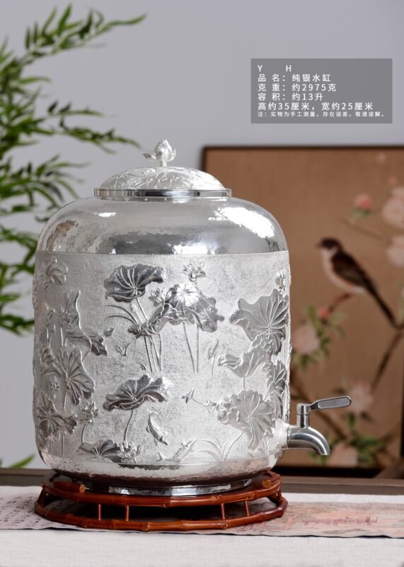 Fish and Lotus Silver Water Vessel - 13 L - view 2