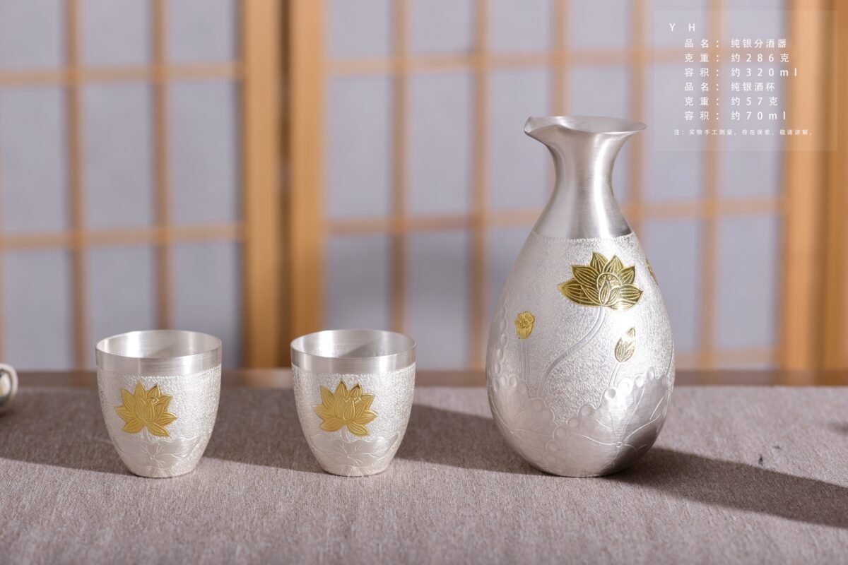 Gold-Accented Lotus Silver Pourer and Cups - original view 2