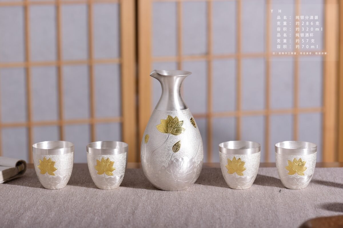 Gold-Accented Lotus Silver Pourer and Cups - original view 1