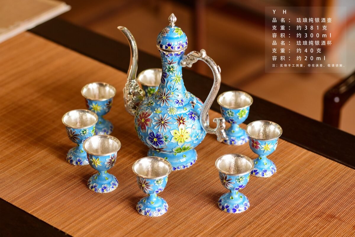 Floral Cloisonne Silver Pitcher and Cups - original view 2